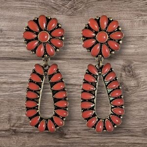 Coral Red And Gold Squash Blossom Earrings New